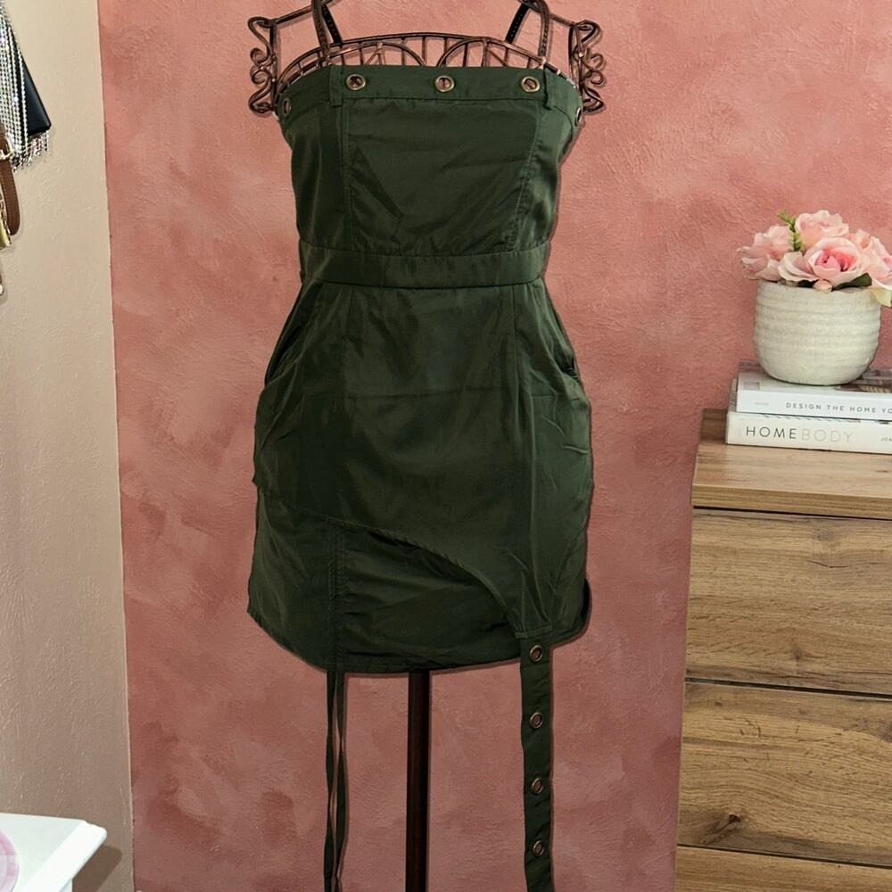 Fashion Nova Olive Green Strapless Grommet Utility Ruched Mini Dress Medium